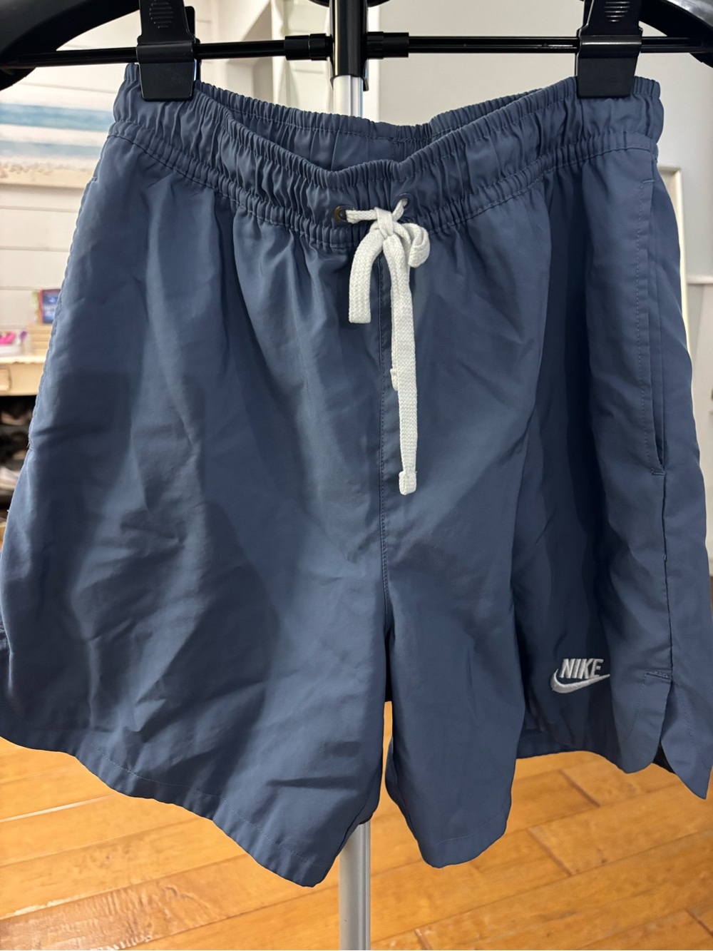 Nike Men's Slate Blue Athletic Shorts with White Drawstring